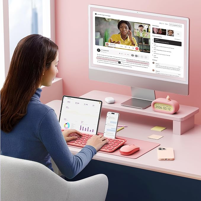 seenda Bluetooth Keyboard and Mouse for iPad, CTU-301 Wireless Multi-Device Connection Bluetooth+2.4G Keyboard Mouse Combo with Tablet Holder for iPad/MacBook/Windows, iOS/Android/Phone, Coral Pink