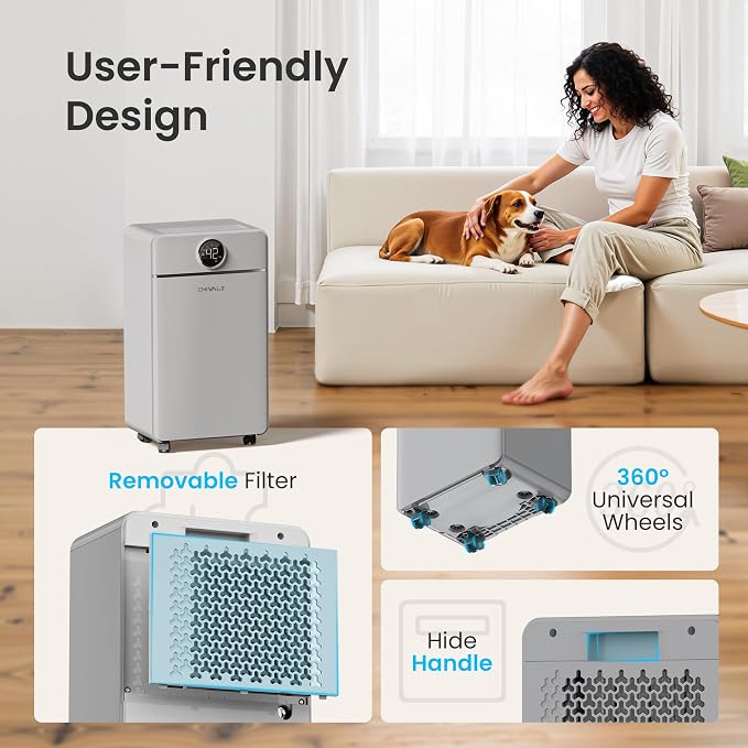 CHIVALZ 1500 Sq.ft Dehumidifier for Basement with Drain Hose, 2026 Upgraded 25 Pints Dehumidifiers for Home, Bedroom, Bathroom, RV, Intelligent Humidity Control, 3 Modes, 24H Timer, Grey 1Pack