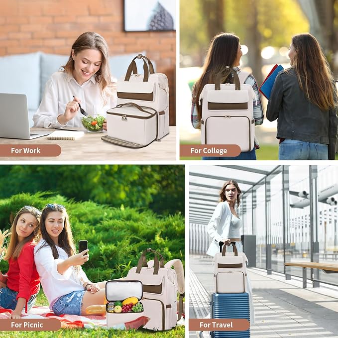 BERTASCHE Lunch Backpack for Women, 15.6 Inch Laptop Backpack with Insulated Cooler Lunch box, Nurse Backpack for Teacher Work Travel College Picnic, Beige