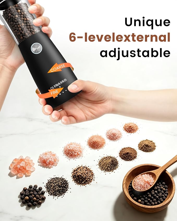 Electric Salt and Pepper Grinder Set, Stainless Steel Automatic Salt and Pepper Grinder Set, Upgraded 110ml Capacity, Adjustable Coarseness & LED Light, One-Handed Operation, Ideal Kitchen Gadget