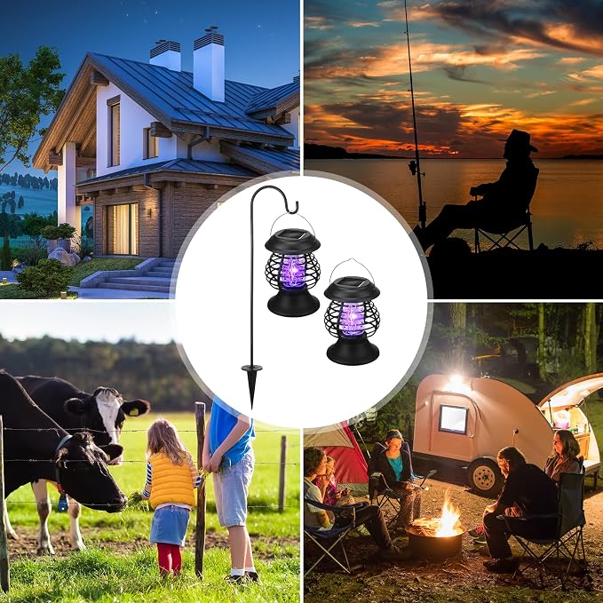 Qualirey 4 Pcs Outdoor Waterproof LED Solar Bug Zapper 2 in 1 Hanging Mosquito Zapper Mosquito Killer Outdoor Cordless Garden Waterproof Fly Insect Killer for Backyard Farm Patio