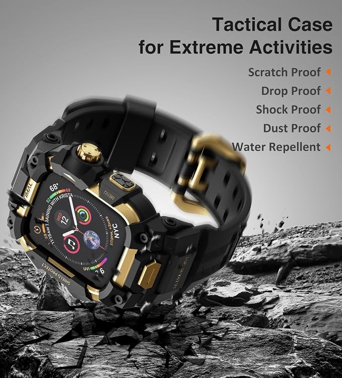 ULTIMAL Rugged Case with Band for Apple Watch 45mm, Compatible with Apple Watch Series 9/8/7 45mm, Military Grade Shockproof Bumper Cover for iWatch Tactical Band (45mm, Gold)