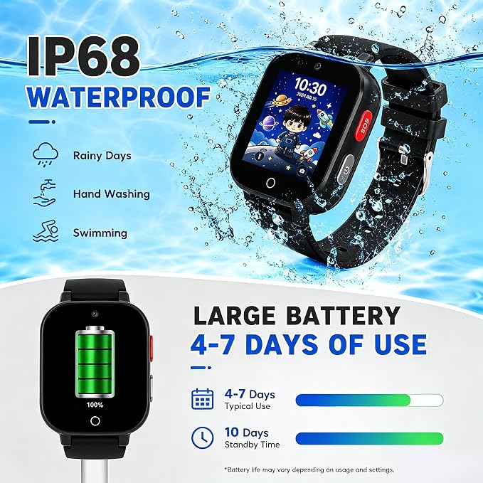4G Kids Smart Watch with GPS Tracker, Video & Voice Call, SOS, WiFi, IP68 Waterproof, AI Smart Features, Parental Control Phone Watch for Boys Girls Age 4-12(SIM Card Included)
