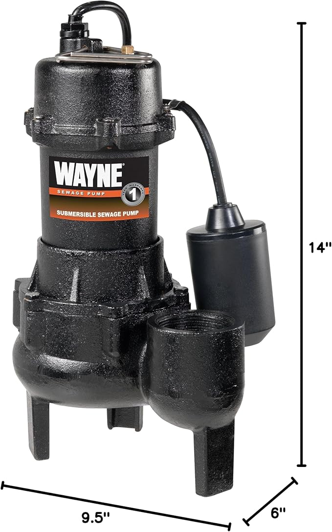 WAYNE RPP50-1/2 HP Cast Iron Sewage Pump with Piggy Back Tether Float Switch - Up to 6,200 Gallons Per Hour - Heavy Duty Sewage and Effluent Pump