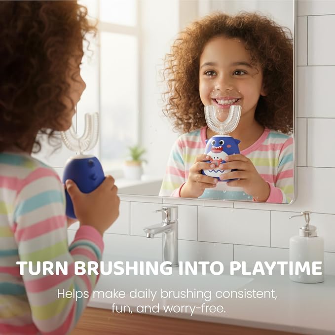 Well Before Kids U Shaped Electric Toothbrush with 5 Brush Heads, Ultrasonic, 5 Modes, IPX7 Waterproof Design (Shark, Blue Ages 2-7)