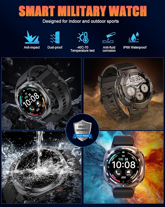 Military Smart Watches for Men(Answer/Make Calls), 1.39" HD Fitness Watch, 24/7 Heart Rate Sleep Monitor, Smart Watch for Men,114+ Sport Modes, IP68 Waterproof Smartwatch for Android iOS, 30Day, Black