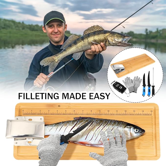 6 Pcs Fish Cleaning Kit Include Cutting Board Fish Fillet Boards with Clamp 2 Knife Cut Resistant Gloves Scale with Built in Measuring Tape Sharpening Rod (Classic)
