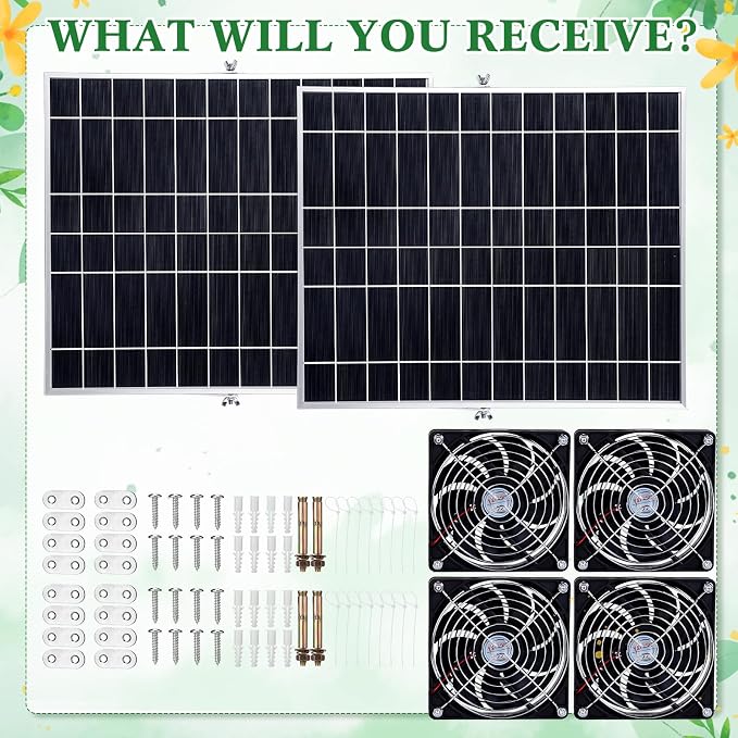 Glooglitter 2 Set 20w Solar Powered Fan Kit for Chicken Coop IP67 Waterproof Dual Solar Greenhouse Fan 3500 RPM High Speed Exhaust Fan with 10ft Cable for Shed Pet House Window Outside Inside