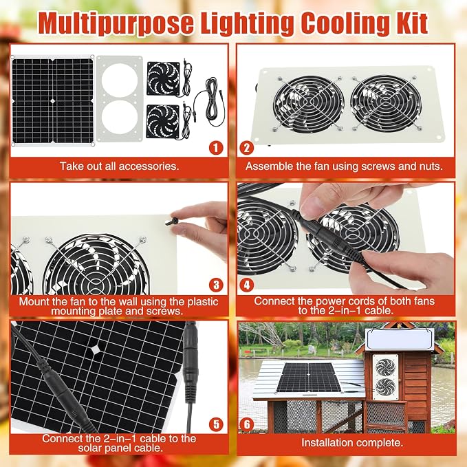 2 Set Solar Fan for Chicken Coop with Shed Light, 25W Panel Dual Exhaust Vent Kit, Waterproof 12V Solar Powered Ventilation System with Timer for Greenhouse, Pet House