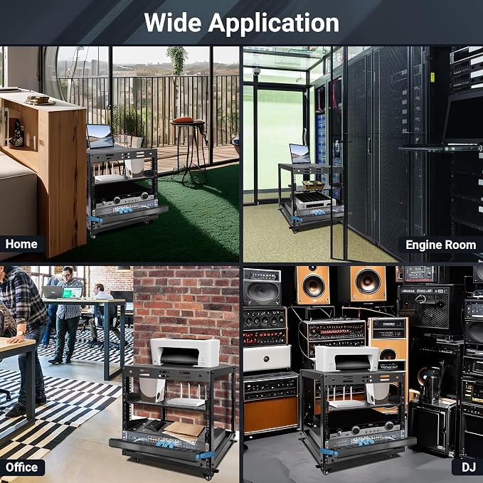 Upgraded 10U Server Rack - 19.7”L x 18.8”W x 23.4”H Open Frame Network Rack, Wall-Mountable & Freestanding with 4 Swivel Casters & 2 Shelves, for Computer/Data/IT/Stereo Equipment, New Model