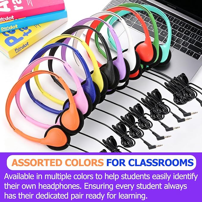 100 Pack Classroom Headphones Bulk for Students Kids Boys Girls Teens, Wholesale Wired Multi Color 3.5mm On Ear Headphones for Chromebook Laptop PC Computer