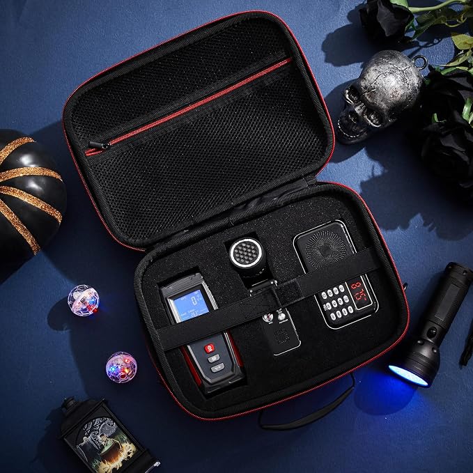 Dunzy 8 Pcs Ghost Hunting Equipment Kit, Include 1 Emf Meter 1 EVP Voice Recorders 1 Spirit Ghost Hunting Research Case 1 Flashlight 1 Speaker 2 Motion Light up Cat Balls 1 Radio(Emf Meter 2, Radio 1)