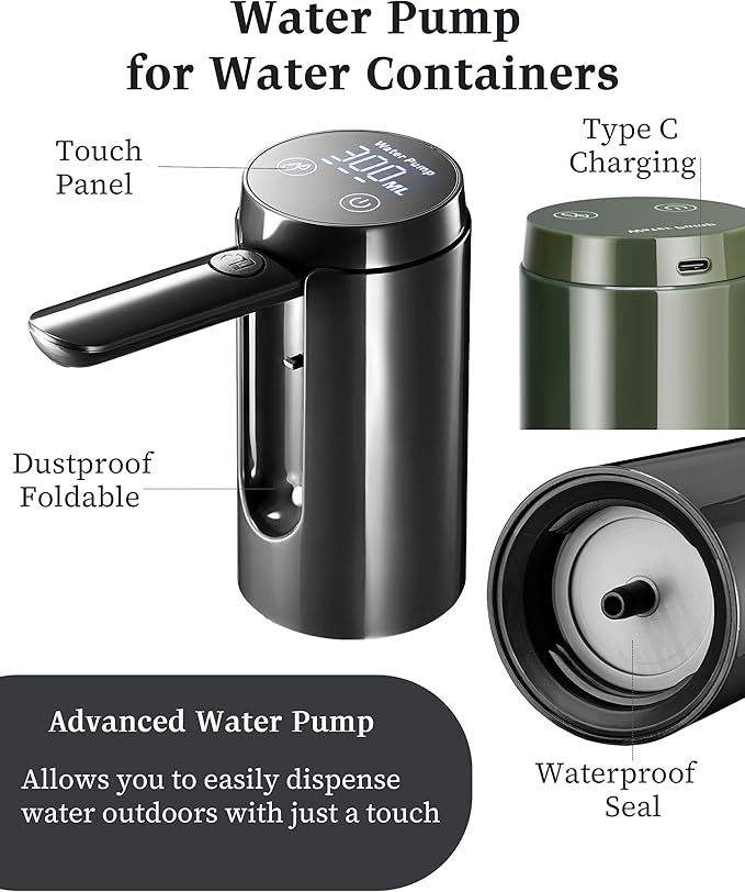 UPWOIGH Automatic Water Pump for Square Camping Water Jug, Screw-Lock Fit 1.97in (50mm) Outer Thread Only, Type-C Rechargeable Touch Dispenser, Black, Not for Standard Bottles