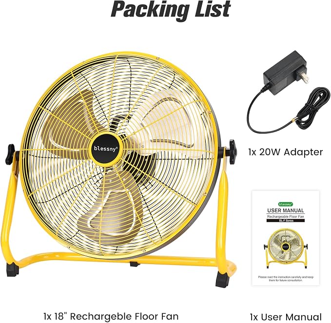 blessny 18'' Portable Rechargeable Floor Fan for Home Patio Camping Gym RV Greenhouse, Max 60 Hours Long Running Time