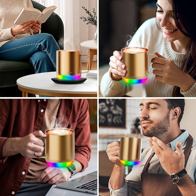 Vsitoo S6 Plus 12oz Smart Self Heating Coffee Mug, AI Auto-Sensing Heated Espresso Mug Temp Control 120-150℉, Rechargeable Mug Warmer with Music LED, IPX7 Gift for Women Men- Gold