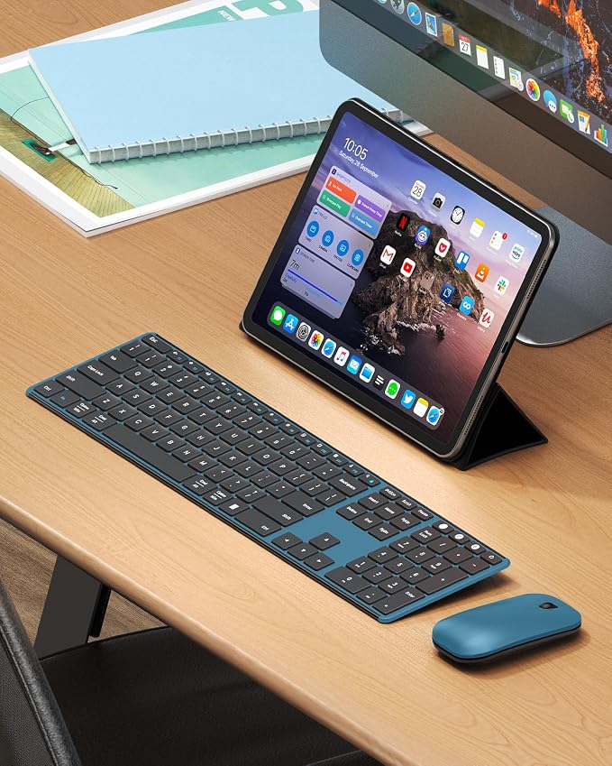 seenda Wireless Bluetooth Keyboard and Mouse Combo, SKM64-3 Rechargeable Slim Quiet Keyboard Mouse, 3 Multi-Device Connection, Compatible for Windows 11/10 PC Laptop Mac MacBook iPad, Black Blue