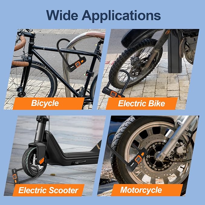 Bike Locks Heavy Duty Anti Theft, Combo Bike U Lock, 4-Digit Resettable Combination E-Bike Large U Shaped Lock for Electric Bike, Bicycle, Escooter, Motorcycle,Door