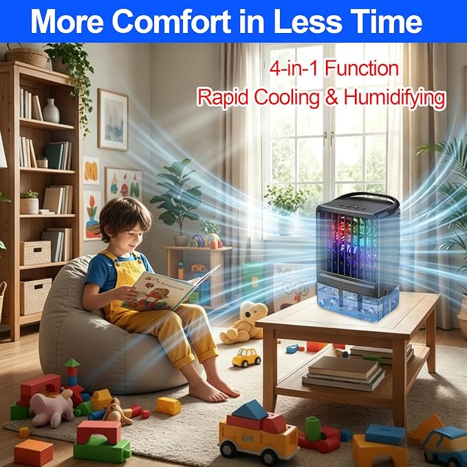 Portable Air Conditioners Fan - Portable AC Small Personal Air Cooler, Quiet Mini Mobile Cooling Fan with Handle,2/4H Timer 3 Speeds,Desk Air Conditioner with 7 Color for Home Bedroom Office Outdoor