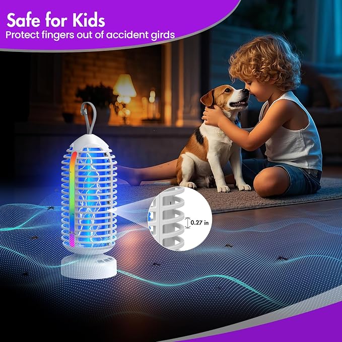 Bug Zapper Outdoor with Colorful Lighting and Auto-Sensing, 3 in 1 Cordless 4000mAh Battery Electric Fly Trap, Rechargeable Mosquito Zapper for Camping, Patios, Garden, Kitchen (2Pack-White)