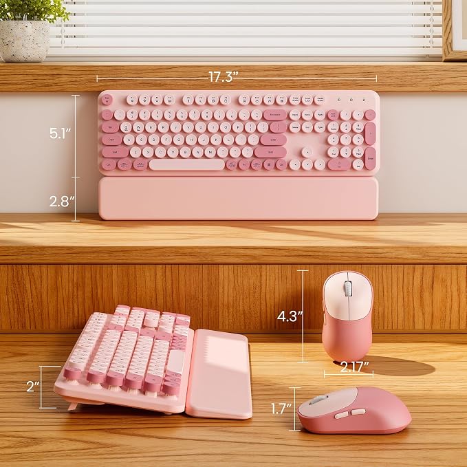 Wireless Keyboard and Mouse Combo, Typewriter Keyboard with Detachable Wrist Rest, Full-Size Retro Round Keycaps, Smart-Sleep, 2.4GHz Stable Connection for Mac/Windows/PC, Trueque(Rose Mist Pink)