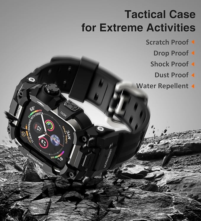 ULTIMAL Rugged Case with Band for Apple Watch Band 45mm,Compatible with Apple Watch Series 9/8/7 45mm,Military Grade Shockproof Bumper Cover for iWatch Tactical Band Men (Black, 45mm)