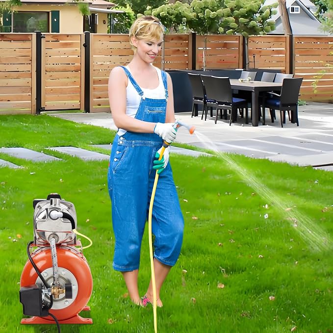 1HP Shallow Well Pump, Stainless Steel Pressure Tank, 950 GPH 115V, Winter Proof Design, for Home Garden Lawn Sprinkler Irrigation, Orage