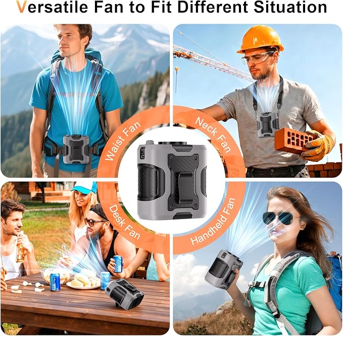 Portable Waist Fan Personal 14500mah 100 Speeds Clip On Shirt Fan Belt Cooling Device Wearable Cool Body Blow Cold Air Rechargeable Pocket Mini Men Workers Outdoor Travel Hiking Gifts