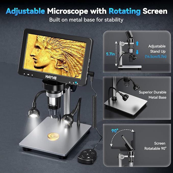 Hayve 7" LCD Digital Microscope, 1200X Magnification for Coin PCB Circuit Repair Soldering, 16MP Camera Sensor Coin Microscope, Wired Remote, 10 LED Light, Compatible with Windows/Mac OS