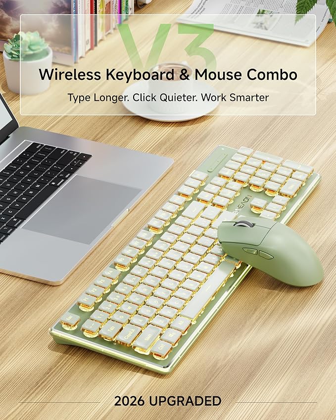 SEUNKWANG V3 Wireless Keyboard and Mouse Combo, Bluetooth/2.4G Rechargeable Light up Quiet Computer Keyboard and Mouse with White Backlit, Metal Panel Cute Keyboards-Green