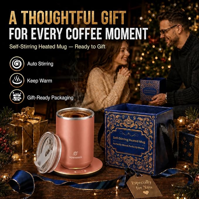 Self Stirring Heated Coffee Mug, 10 oz Auto Magnetic Mixing Cup, DustyRose | 304 stainless steel interior. Includes 3 heat settings, 8H auto shut-off, plug-in base for home office desk