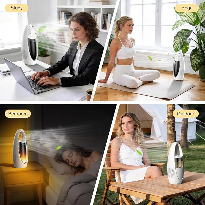 KONSIDEN Bladeless Misting Desk Fan, 13 Inch Rechargeable 3500mAh Quiet Small Personal Table Fan, 9 Speeds & 9H Timer, 60° Oscillation, 180ml Water Tank & Night Light for Bedroom Office Home Outdoor