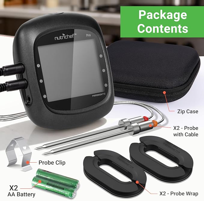 NutriChef Smart Bluetooth BBQ Thermometer with Travel Zip Case, Upgraded Stainless w/ 2 Temperature Probes, LCD Display, Done Alarm Android iPhone, Gas Charcoal BBQ Smoker Temp Monitoring