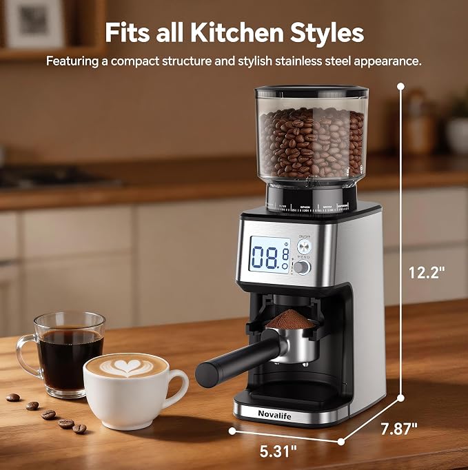 Conical Burr Coffee Grinder, 51 Precise Grind Settings Automatic Coffee Grinder, Smart Dual Control LED Display, 1-12 Cups, with Portafilter Holder, Anti-StaticStainless Steel, Memory Function
