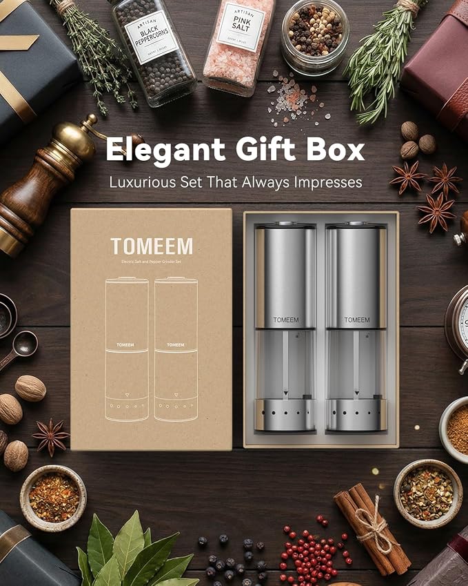 TOMEEM Rechargeable Electric Salt and Pepper Grinder Set, 115ml Large Capacity Stainless Steel Automatic Pepper Mill with Storage Base, LED Display and Light (Silver, Clear Storage Base)