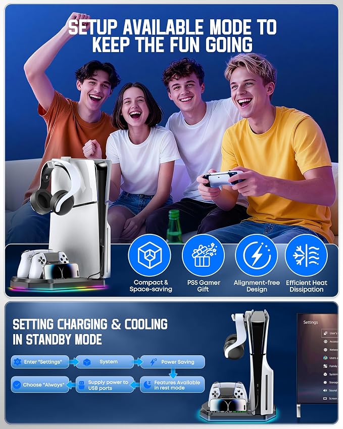 Cooling Station with Controller Charger for PS5/Slim/Pro, PlayStation 5 Vertical Stand for Disc & Digital Console, Dual PS 5 Controller Charging Station with 3 Level Cooling Fan, PS5 Accessory - Black