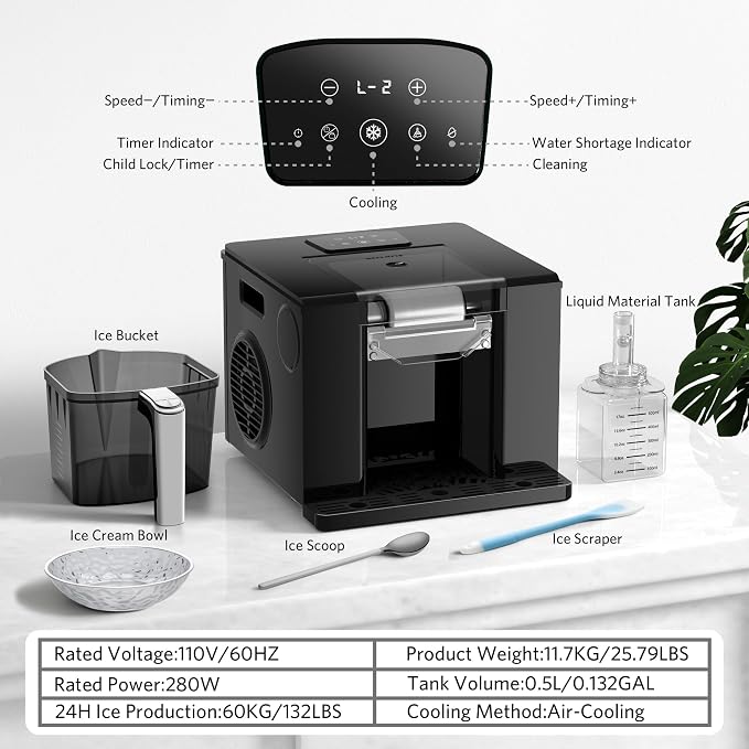 Shaved Ice Machine with Compressor | 60s Fast Fluffy Slushie & Snow Cone Maker | No Pre-Freezing | Sugar-Free Friendly | Self-Cleaning | 16oz Frozen Drink Maker for Home, Party & RV