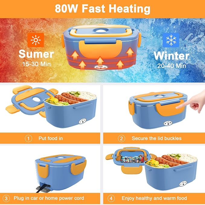 HOLDRUBY Heated Lunch Boxes for Adults, 80W Electric Lunch Box Food Heated 12/24/110V 1.5L Heatable Lunch Box for Car/Truck Leak-Proof Removable Stainless Steel Container, Fork & Spoon, Bag