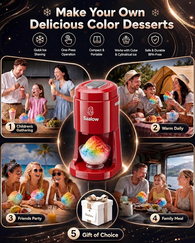 Electric Shaved Ice Machine, Professional Snow Cone Maker with Adjustable Thickness Settings, High-Efficiency 135W Motor, Portable Ice Crusher for Fluffy Ice & Slushies, Includes 2 Ice Molds