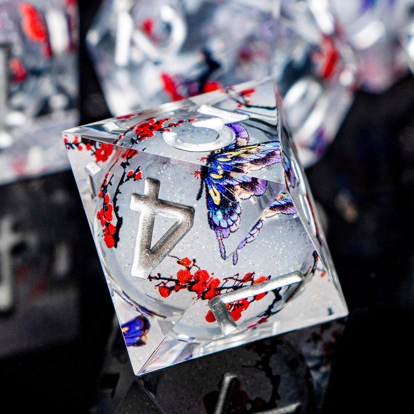 Butterfly DND Dice White Liquid Core Dice Set with Metal Box, Handmade Sharp Edge D and D Polyhedral Dice for use with D&D RPG Role Playing Game