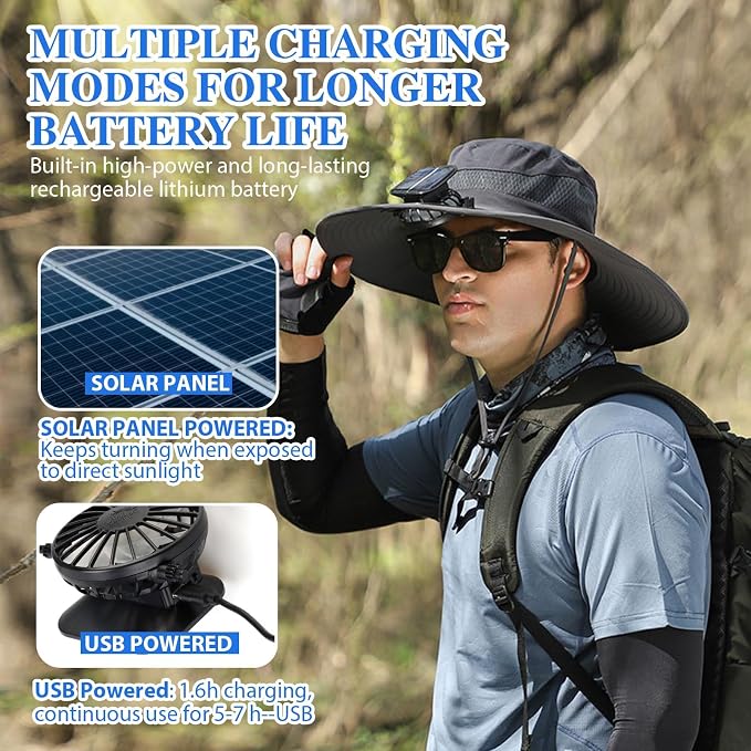 Solar Fan Hat, Wide Brim Sun Hat with 2 Solar Fan, Hat with Solar Fans Built in, Fishing Hat with Fan for Men, Waterproof Outdoor Hiking Camping Fishing