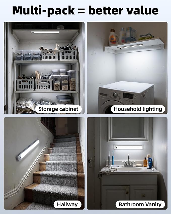 EZVALO 2 Pack Under Cabinet Lights, 14.5'' Magnetic Motion Sensor Light, 4000mAh Large Capacity Rechargeable Closet Light, Remote Control Dimmable 5700K Cool White for Kitchen, Stairs, Hallway