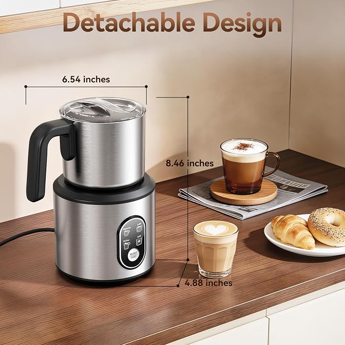 Milk Frother and Steamer, Electric Frother | 4-in-1 Automatic Hot and Cold Foam Maker , Detachable Stainless Steel Jug for Latte, Cappuccino, Macchiato, Hot Chocolate