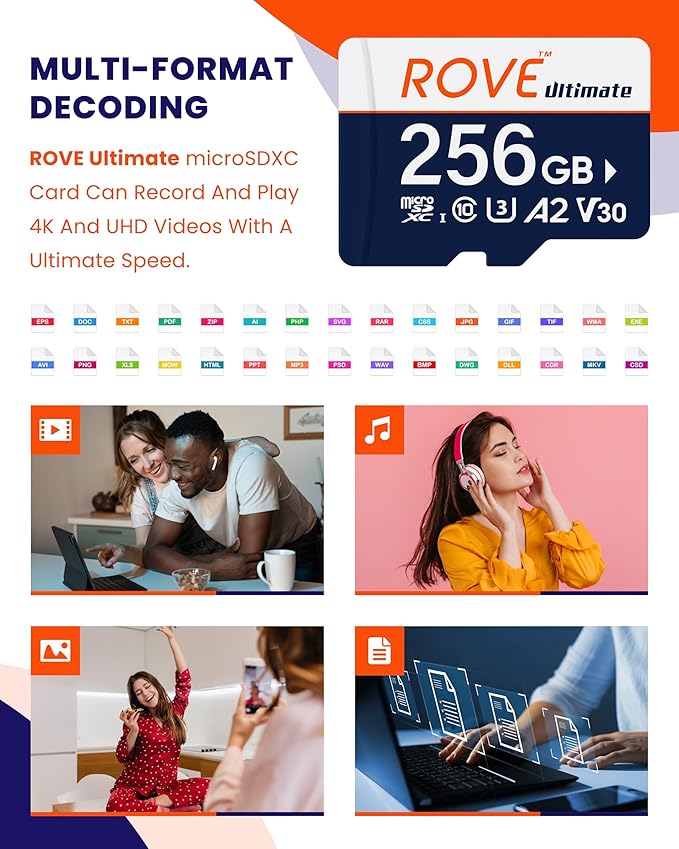 ROVE Ultimate Micro SD Card microSDXC 256GB Memory Card with USB 3.2 Type C Card Reader 170MB/s C10, U3, V30, 4K, A2 for Dash Cam, Android Smart Phones, Tablets, Games