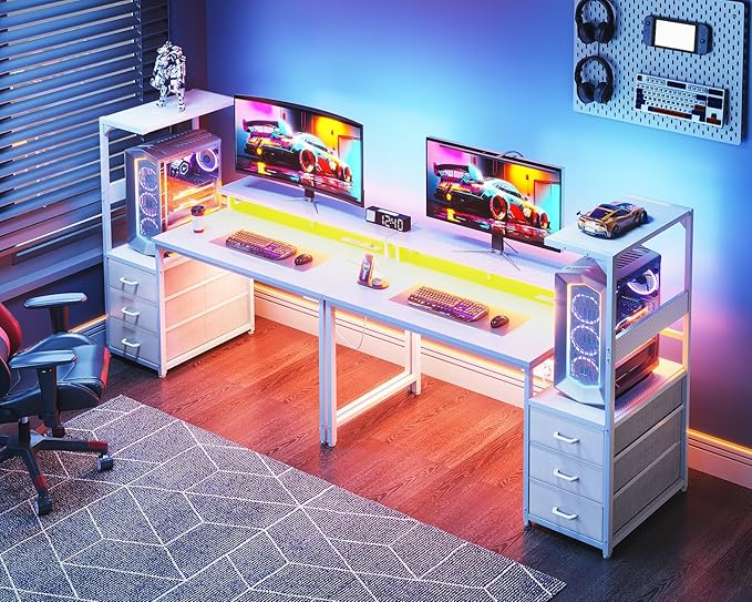 AODK 52 Inch Gaming Desk with USB Charging Ports & LED Light- Reversible Computer Desk with Storage Shelves & Monitor Stand, Modern Gamer Desk Table with Fabric Drawers, White