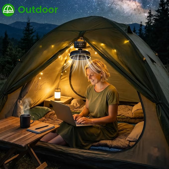 Camping Fan – Portable Rechargeable Fan with Auto Oscillation, Type-C Charging, LED, 4 Speeds, Remote & Timer Freestanding, Wall Mount, Hanging, Tripod Stand for Indoor, Outdoor, Tent, Travel, Jobsite