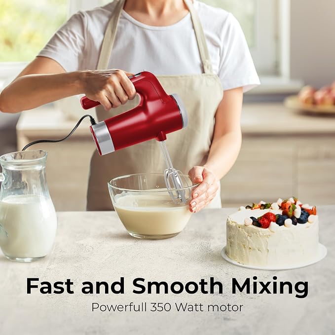 Electric Hand Mixer 350W, 9 Speed Handheld Mixer with Timer, Beaters, Whisks & Dough Hooks, Storage Case, Kitchen Mixer for Baking, Eggs, Cream, Cookie Dough & Frosting, Red