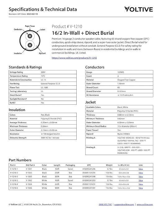 Voltive 16/2 Speaker Wire, in-Wall CL3 & Direct Burial, White, 500ft - 16AWG, 2 Conductors, Stranded Oxygen-Free Copper, UL Listed - V-1210-6