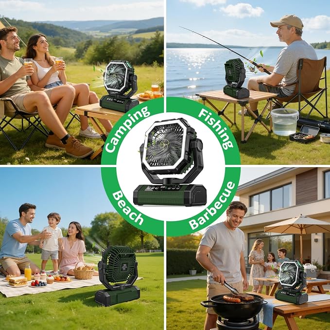 Camping Fan Rechargeable, 24000mAh Battery Powered Fan with Digital Display, 4 Speed Rechargeable Fans Portable with Remote, Cordless Battery Operated Fans with LED Light and Hanging Hook for Tent