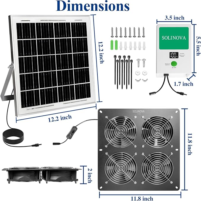 Solar Exhaust Fan, 25W Solar Powered 4-Fan with 7500mAh Battery, 4Pcs IP68 Waterproof Solar Fan, High Speed Solar Powered Exhaust Fan Kit with Bracket for Shed, Chicken Coop, Greenhouse, Dog House
