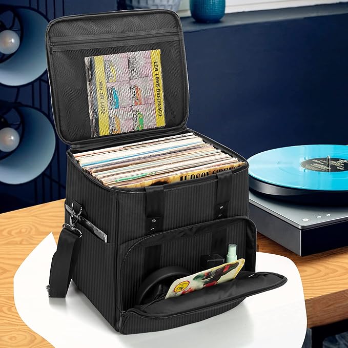 Trunab Vinyl Record Carrying Bag Albums Storage Case, with Dividers Holds up to 60 LP Records, Vinyl Record Holder for Travel, Collection
